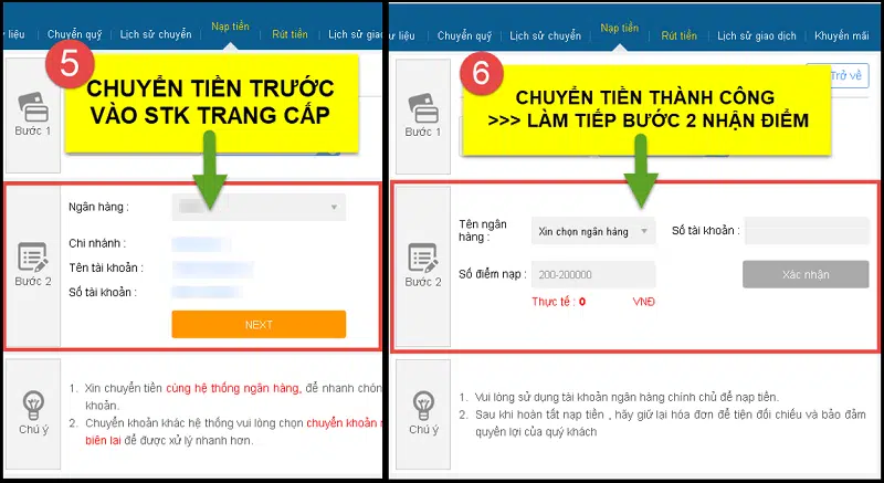 Thao tác chung của mọi hình thức nạp tiền 